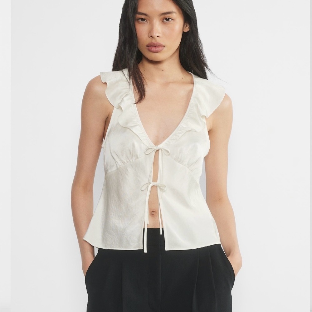 Aritzia Cream Ruffle Tie-Front Blouse